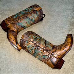 Gypsy Rose Cowgirl/Cowboy Boots. Never Worn, New With No Tags. Beautiful Marble Effect With Contrasting Turquoise Embroidery And Brass Embellishment. Size 8. Southwestern Style Brown Festival Boots, Western Boots With Leather Sole For Festival, Brown Southwestern Style Festival Boots, Western Style Boots With Leather Sole For Festivals, Western Hand Tooled Boots For Festivals, Hand Tooled Western Boots For Festival, Bohemian Snip Toe Boots For Rodeo, Hand Tooled Country Boots For Fall, Bohemian Boots With Snip Toe For Ranch