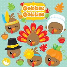 the thanksgiving turkeys are wearing hats and scarves, with leaves on their heads