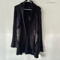 Long Line Open Cardigan With Embroidery Length 32 Inches Black Bohemian Sweater For Layering, Embroidered Knit Cardigan For Fall, Black Embroidered Long Sleeve Cardigan, Embroidered Black Cardigan For Fall, Black Embroidered Cardigan For Fall, Cozy Embroidered Fall Cardigan, Black Bohemian Sweater For Fall, Bohemian Black Sweater For Fall, Bohemian Black Knit Outerwear