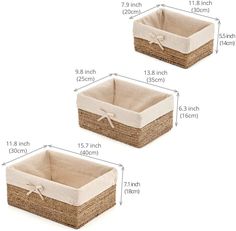 two baskets with different sizes and measurements for each basket, one has a bow on the side