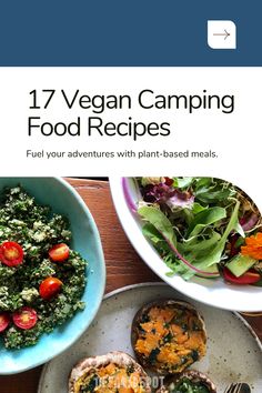 the cover of 17 vegan camping food recipes, including baked goods and salads