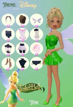 the tinker bell character is shown in various poses and hair colors, including green