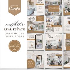 the real estate open house postcard template is shown in gold and white with brown accents