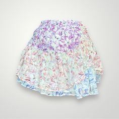 The Most Precious Silk Mini Skirt, Featuring A Lavender, Pink And Blue Floral Print Layered Ruffle New With Tags Retail Price Of 325 Purple Beach Skirt For Spring, Summer Floral Print Purple Skirt, Purple Floral Print Skirt For Summer, Summer Purple Floral Print Skirt, Lavender Bottoms For Spring Vacation, Summer Purple Floral Print Mini Skirt, Summer Floral Print Purple Mini Skirt, Purple Mini Skirt For Summer Beach, Purple Flowy Mini Skirt For Summer