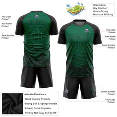 Custom Soccer Uniforms - Custom Kelly Green Black Sublimation Soccer Uniform Jersey Black Sublimation T-shirt For Team Events, Black Sublimation Design T-shirt For Team Events, Customizable Black Sports T-shirt, Customizable Black T-shirt For Sports, Customizable Black T-shirt For Football Season, Customizable Black Jersey T-shirt, Black Soccer Jersey, Soccer Uniforms, Blue Football