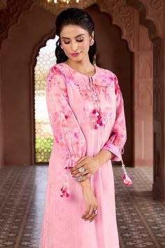 Cherry blossom pink kurta with prints, tassels, coin and sequin work. Comes with matching printed pant. - Aza Fashions Elegant Pink Kurta With Floral Embroidery, Designer Pink Salwar Kameez With Printed Motifs, Pink Salwar Kameez With Printed Motifs, Elegant Pink Palazzo Set With Printed Motifs, Long Sleeve Pink Kurta For Spring, Pink Long Sleeve Kurta For Spring, Pink Floral Print Palazzo Set For Eid, Festive Pink Floral Print Palazzo Set, Elegant Pink Sets With Printed Motifs