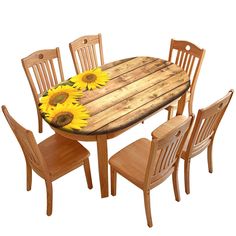 a wooden table with sunflowers on it and four chairs around it, against a white background