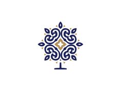 a blue and gold tree with leaves in the center on a white background, logo design for