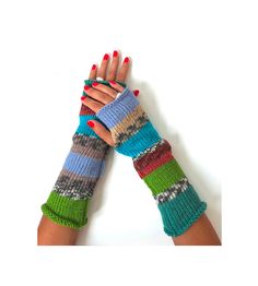 Limited edition means that the product is made in only one piece and can not be repeated. ♥ Material This unique wool arm warmers are handmade with 25% wool and the rest is acrylic.  During the cold winter these  colorful gloves will bring you joy. They are made in fashionable way so that you stand out from the crowd. ♥ Washing They should be washed in cold water.  ♥ Gift Perfect as gift as well for Christmas or birthday or any other occasion.  ♥ Shipping Processing of order is 1-3 working days. Knitted Blue Leg Warmers For Winter, Multicolor Knitted Leg Warmers For Winter, Blue Knitted Leg Warmers For Winter, Handmade One Size Leg Warmers For Winter, One Size Green Leg Warmers For Winter, Green One Size Leg Warmers For Winter, Knit Hand Warmers, Colorful Gloves, Mittens Knit