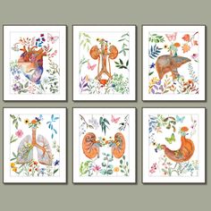 four framed pictures with flowers and animals on them, each featuring an animal's body