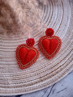 Classic model of hearts of earrings made of shining red and gold Czech beads Length: 2.7 inches (7 cm) Beaded Heart Earrings, Butterfly Patch, Embroidered Earrings, Gold Bead Earrings, Funny Earrings, Red Heart Earrings, Beaded Heart, Red Butterfly, Evil Eye Earrings