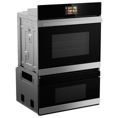 two black and silver ovens side by side on a white background with the door open