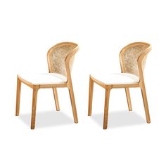 two chairs made out of wood and wicker, one with a white cushion on the back