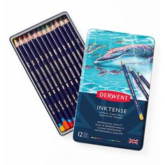 derwent inktense pencils in tin and box with 12 different colored pencils