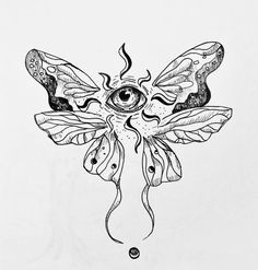 a black and white drawing of a butterfly with an eye on it's back