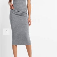 New Express High Waisted Ruched Side Midi Sweater Skirt Color: Heather Gray 2689 Features & Fabric High Waisted; Pull-On Design Ruched Side Detail Supersoft Sweater Fabric Straight Hem; Midi Length Length: 31" Nylon/Spandex Casual Midi-length Ruched Skirt, Long Skirt With Ruched Sides For Spring, Casual Ruched Knee-length Skirt, Ruched Midi Skirt For Work, Casual Fitted Ruched Skirt, Fitted Ruched Midi Bottoms, Fitted Ruched Midi-length Bottoms, Fitted Ruched Midi Length Bottoms, Casual Ruched Knee-length Bottoms