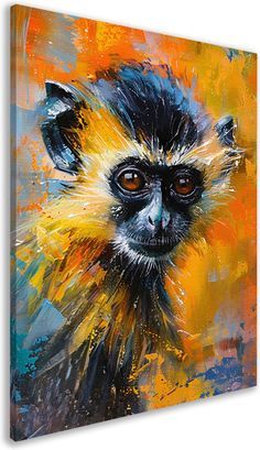 a painting of a monkey with yellow and blue colors on it's face,