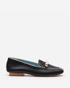 Suzanne Loafer Leather Black Oyster - Frances Valentine Black Slip-on Tassel Loafers With Leather Sole, Luxury Slip-on Tassel Loafers With Leather Lining, Luxury Buckle Closure Slip-on Loafers, Black Slip-on Loafers With Buckle Closure, Black Patent Leather Slip-on Tassel Loafers, Frances Valentine, Leather Bow, Everyday Shoes, Leather Bows