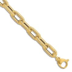 Striking textured hollow oval links entwine elegantly in this timeless women's bracelet. Fashioned in 14K yellow gold, the 7.5-inch link chain secures in place with a lobster clasp. Gold-tone Oval Link Chain Bracelet With Lobster Clasp, Formal Gold Oval Link Chain Bracelet, Formal Gold Cable Chain Bracelet, Gold Oval Link Paperclip Bracelet For Formal Occasions, Formal Oval Gold Bracelet With Cable Chain, Formal Gold-tone Gold Bracelet With Cable Chain, Formal Gold Oval Link Paperclip Bracelet, Formal Gold-tone Oval Link Paperclip Bracelet, Gold Oval Link Chain Bracelet For Formal Occasions