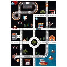 a child's play rug with cars and roads on the road, in black