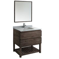 a bathroom vanity with a mirror above it and a wooden shelf underneath the sink area