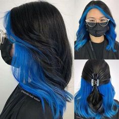 Hair Color Ideas Bottom Half, Black Hair Blue Peekaboos, Navy Blue Money Piece Hair, Blue Picaboo Hair, Hair Color Ideas Multicolor, Halloween Hair Color Ideas For Brunettes, Vivid Hair Color Ombre, Hair Dye Ideas For Shoulder Length Hair