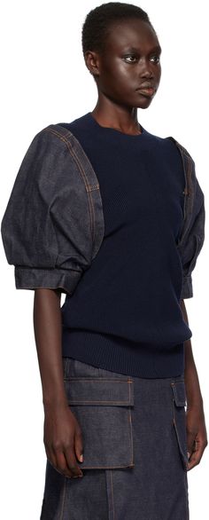 Rib knit cotton-blend and non-stretch denim sweater. · Paneled construction · Crewneck · Pleats at puff sleeves · Contrast stitching in tan Supplier color: Indigo Puff Sleeve Sweater, Denim Sweater, Mens Scarves, Scarf Men, Rugby Shirt, Knit Cotton, Knitwear Women, Puff Sleeves, Print Tops