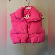 Hot Pink Cropped Puffer Vest Never Worn!! Nwt! In Perfect Condition Cropped Puffer Vest, Rhinestone Tees, Pink Door, Twist Front Top, Puff Jacket, Tennis Shirts, Under Armour Hoodie, Jacket Vest, Long Sleeve Flannel