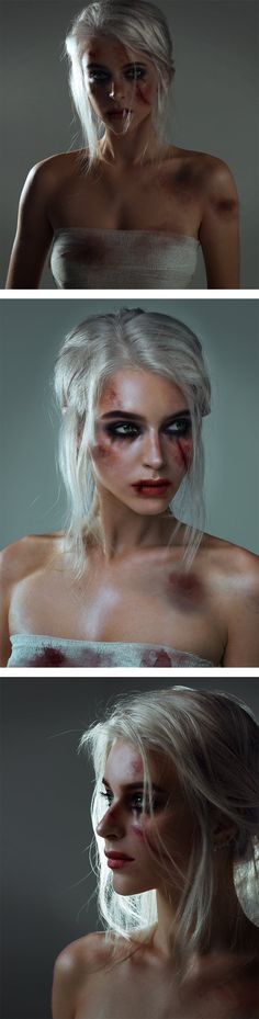 three different images of a woman with white hair and makeup