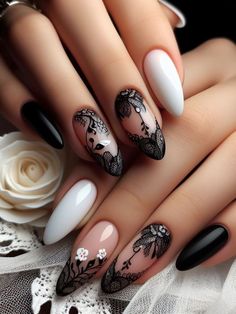 https://www.worldculturepost.com/2024/04/black-nail-designs.html Nail Floral Designs, Nails With Lace Design, Black And Neutral Nails, Black Lace Nails Designs, French Floral Nails, Black And White French Manicure, Trendy Black Nail Designs, Feminine Nail Designs, Black Floral Nails