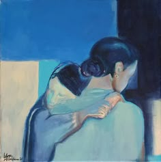 a painting of a woman with her arm around another woman's neck, in front of a blue background