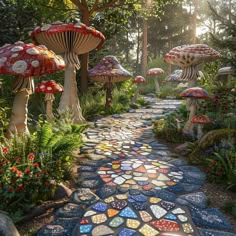 a pathway made out of mosaic tiles and mushrooms in the forest with trees, plants and flowers