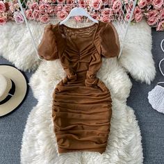 Materials: other Size: s, m, l Color: Violet, dark brown, white Draped Bodycon Dress, Summer Brown, Fairy Skirt, Short Puff Sleeve, Dress Women Elegant, Blouse Tank Top, Gauze Dress, Square Neck Dress, Pink Pants