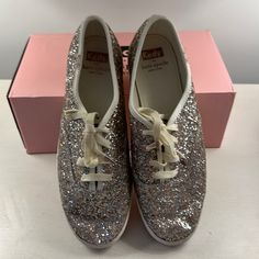 Never Worn Kate Spade Glitter Keds With Satin And Regular Laces. Gold And Silver. Silver Lace-up Party Sneakers, Casual Silver Sparkling Sneakers, Silver Party Sneakers For Spring, Spring Silver Party Sneakers, Party Sneakers With Sequins And Round Toe, Silver Sparkling Lace-up Sneakers, Silver Sneakers With Glitter Accents For Spring, Sparkling Round Toe Sneakers For Party, Silver Sparkling Sneakers With Round Toe