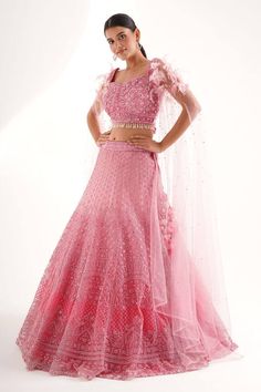 Pink can can attached ombre lehenga with threadwork floral scallop motifs, embellished by sequins and mirror. Comes with bead embellished padded cape sleeves blouse. - Aza Fashions Pink Pearl Embroidered Lehenga For Wedding, Pink Lehenga With Pearl Embroidery For Wedding, Pink Wedding Lehenga With Pearl Embroidery, Bollywood Style Hand Embellished Dupatta For Ceremony, Bollywood Hand Embellished Dupatta For Ceremony, Bollywood Style Hand Embellished Ceremony Dupatta, Hand Embellished Traditional Drape Set For Ceremony, Festive Hand Embellished Lehenga For Ceremony, Hand Embellished Sets For Ceremony With Traditional Drape