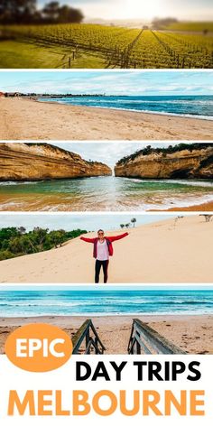 a woman standing on top of a sandy beach next to the ocean with text overlay reading epic day trips melbourne