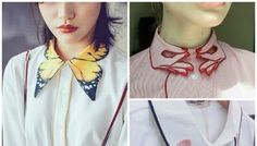 four pictures of different styles of collars and necklaces on mannequins