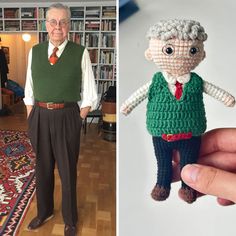 an old man is holding a crocheted doll in his hand and another photo of him