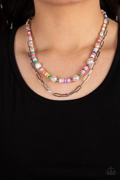 Sections of colorful rubber discs in rainbow shades are separated by tiny silver beads and a variety of white baroque pearls to create an unexpected mashup of texture along the collar. A strand of silver paperclip link chain is paired with the abstract design in a layered finish. Features an adjustable clasp closure.   Sold as one individual necklace. Includes one pair of matching earrings. Paparazzi Accessories Jewelry, Multi Necklace, Paparazzi Accessories, Blue Necklace, Paparazzi Jewelry, Kids Jewelry, Selling Jewelry, Baroque Pearls, Accessories Necklace