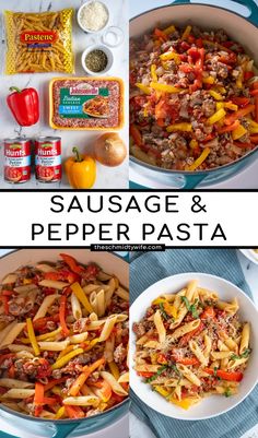 sausage and pepper pasta in a skillet with ingredients to make the dish on the side