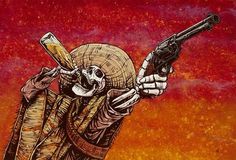 The skeleton sheriff rules the wild western town with two pistols and a hidden ace of spades. Painting Process The 36... David Lozeau Art, David Lozeau, Mexican Skeleton, Art Chicano, Kunst Tattoos, Day Of The Dead Art, West Art, Skeleton Art, Cowboy Art