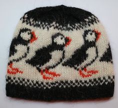 Knit Winter Hat , Type “ PUFFINS # 1 ”. Made from 100% Icelandic Wool. Hand knitted by Thora Sigurdar. - Wool fiber artist. Baby Mittens Pattern, Wool Patterns, Knit Winter Hat, Baby Boy Knitting Patterns, Icelandic Sweaters, Knit Hat For Men, Fair Isles, Baby Boy Knitting, Baby Mittens