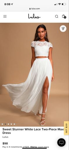 Two Piece Rehearsal Dinner Outfit, White Fitted Dress With Natural Waistline, Crop Top Wedding Dress Two Pieces, White Sleeveless Two-piece Dress, Two Piece White Dress, Long White Lace Skirt, Two Piece Bridesmaid Dresses, Wedding Dress Two Piece, Crop Top Wedding Dress