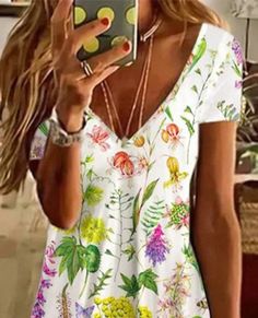 Women's Spring Floral V-Neck Short Sleeve Mini Dress White Mini Dress With Notched Neckline For Summer, White V-neck Dress With Floral Print, Casual Multicolor V-neck Dress, White V-neck Floral Print Dress, Casual Printed V-neck Mini Dress, White Floral Print V-neck Dress, Casual V-neck Mini Dress With Floral Print, White V-neck Printed Mini Dress, Floral Print Sleeveless V-neck Dress