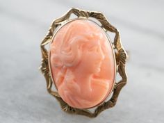 18K Gold Vintage Coral Came... Radiating Lines, Yellow Gold Sapphire Ring, Cameo Earrings, Cameo Jewelry, Cameo Ring, Oval Ring, Cameo Brooch, Cameo Pendant, Gold Piece