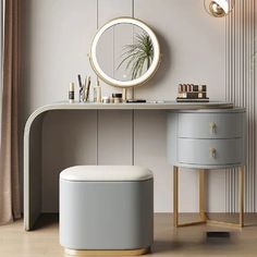 a dressing table with a mirror and stool