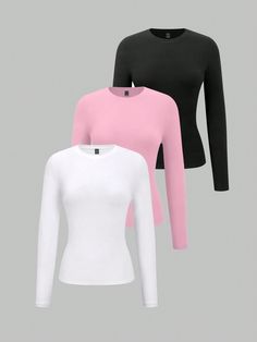 Women's Solid Color Crew Neck Long Sleeve Slim Fit T-Shirt, Spring And Summer Multicolor Casual  Long Sleeve Fabric Plain  Medium Stretch  Women Clothing, size features are:Bust: ,Length: ,Sleeve Length: Shein Shirts, Color Crew, Spring Shirts, Kids Sleepwear, New Wardrobe, Wide Leg Jeans, Colorful Leggings, All Fashion, Women Clothing