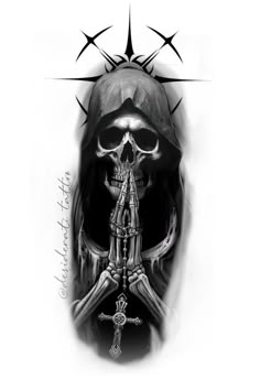 a black and white drawing of a skeleton holding a cross