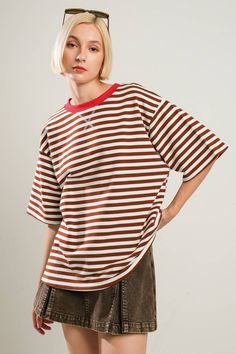 A striped knit top with round neckline and short sleeveDetails:Self : 95% Cotton 5% SpandexContrast : 65% Cotton 30% Polyester 5% SpandexSize & Fit- Model is 5`8" And Wearing Size Small- Measurements Taken From Size Small- Approx. Length: 26.5" Retro Striped Ribbed Tops, Retro Ribbed Striped Tops, Striped Ribbed Short Sleeve Tops, Red Short Sleeve Tops With Vertical Stripes, Striped Ribbed Crew Neck T-shirt, Trendy Short Sleeve Tops With Horizontal Stripes, Trendy Crew Neck T-shirt With Vertical Stripes, Trendy T-shirt With Vertical Stripes And Crew Neck, Trendy Striped Short Sleeve T-shirt