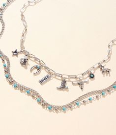 "Boutique By BKE 2 Pack Western Necklace Set - Silver 14-19;20-25, Women's Silver Multi charm necklace length measures 18" Bead and chain layered necklace length measures 20". Apparel & Accessories" Country Necklace, Chain Layered Necklace, Western Necklace, Western Necklaces, The Boutique, Western Jewelry, Layered Necklace, Boutique Jewelry, Women's Jewelry